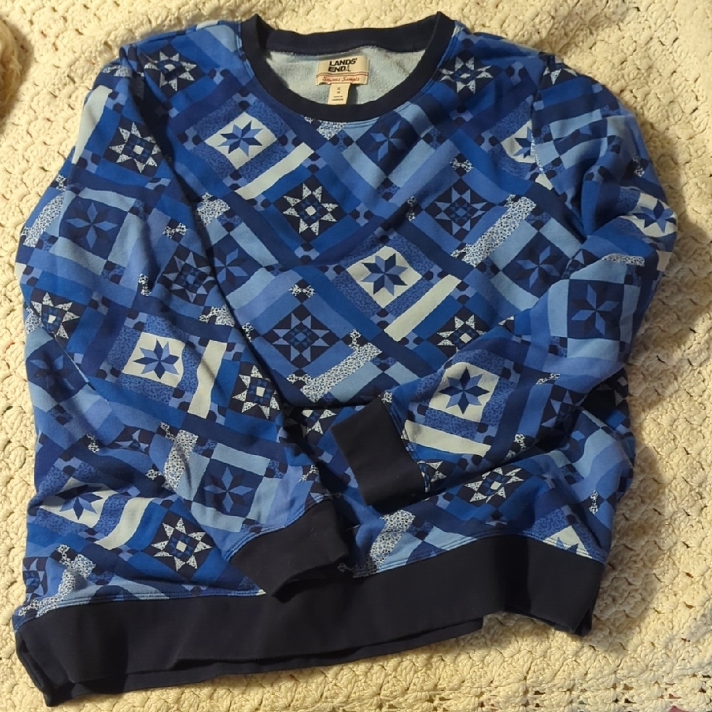 Lands' End Blue Geometric Sweatshirt with Ribbed Cuffs
